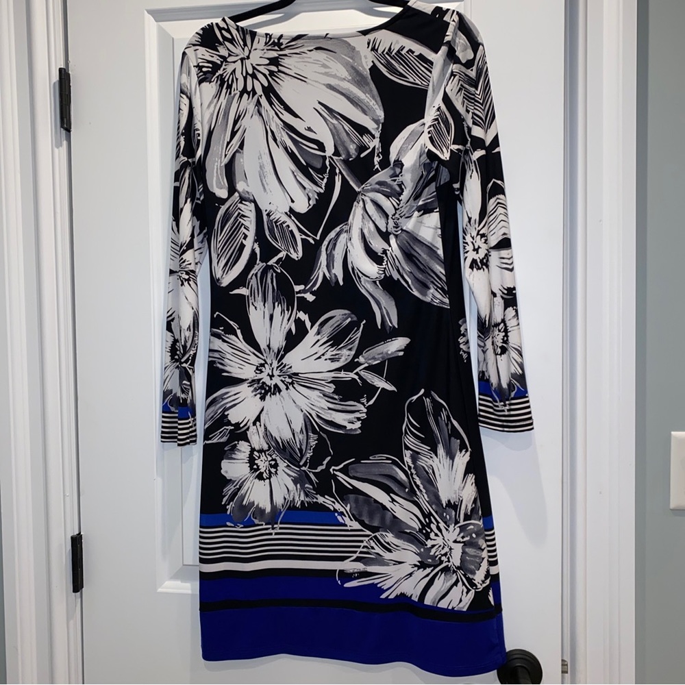 INC Black White royal blue floral Pattern Long Sleeve  Womans Dress Size Medium
